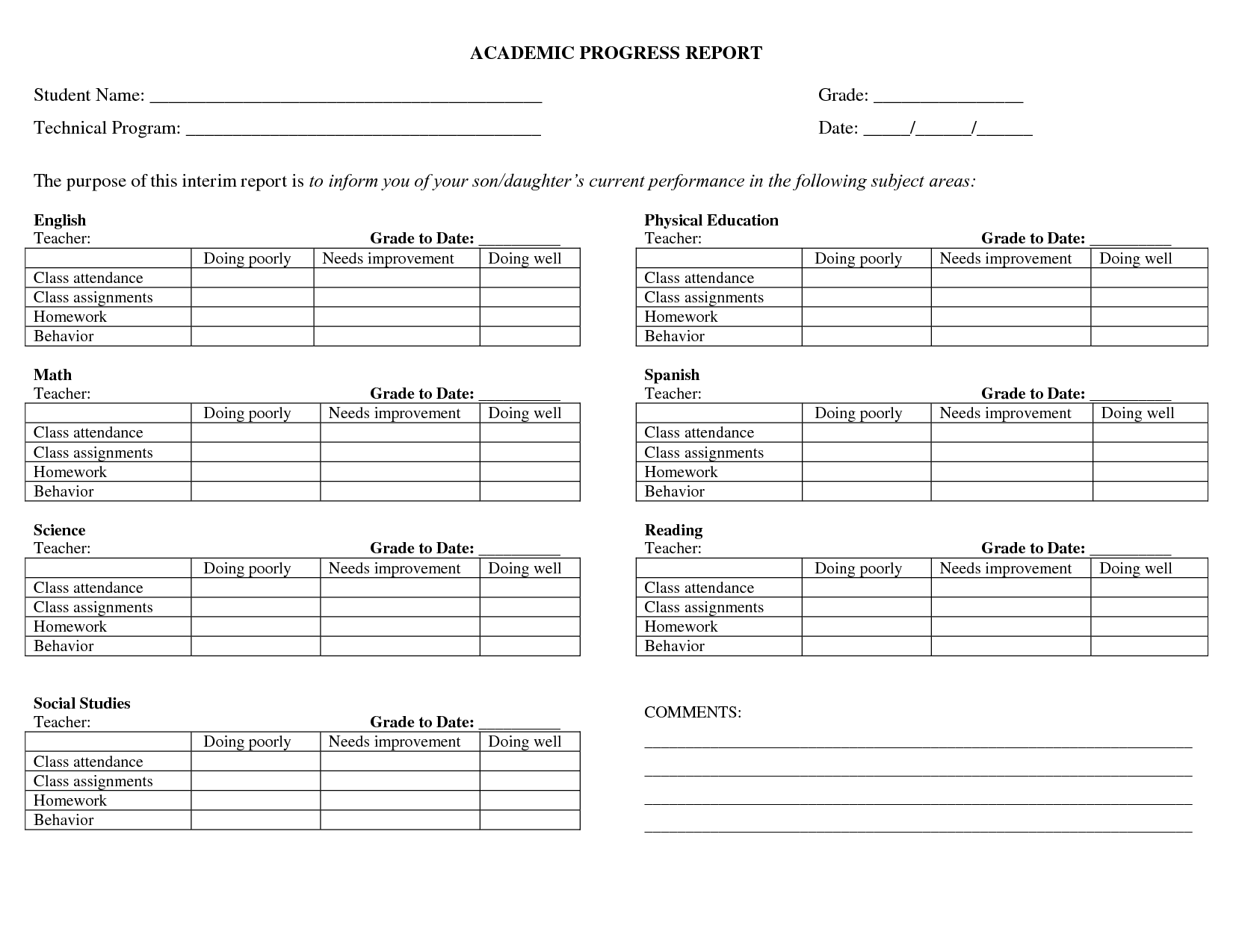 progress report format for student