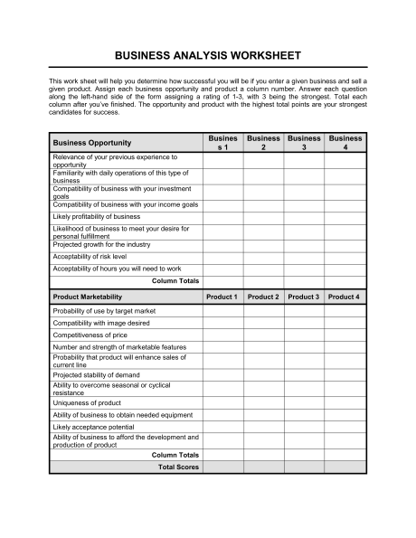 Worksheet Business Analysis - Template