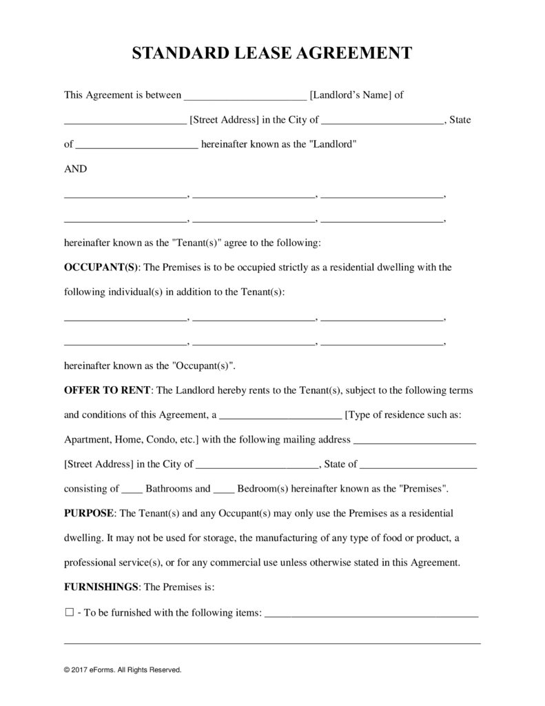 standard residential lease agreement forms pdf doc sample