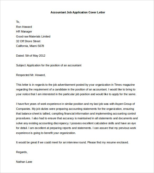 sample cover letter for job application accountant